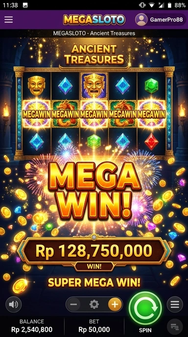 Tampilan utama aplikasi megasloto yang menarik dan informatif.